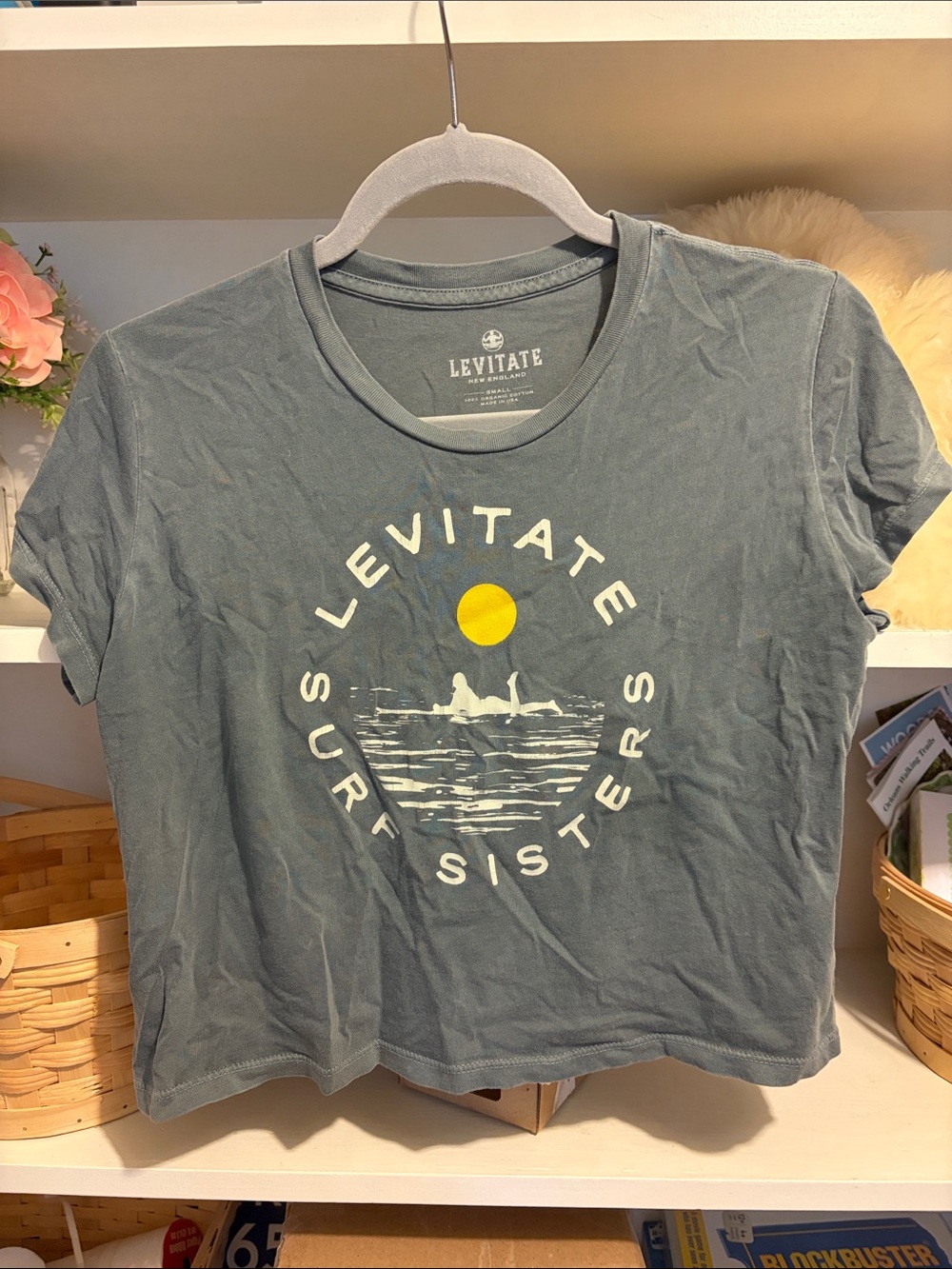Levitate Surf Shop Organic Cotton Tee Slate Blue With Sun And Surfergirl Size S